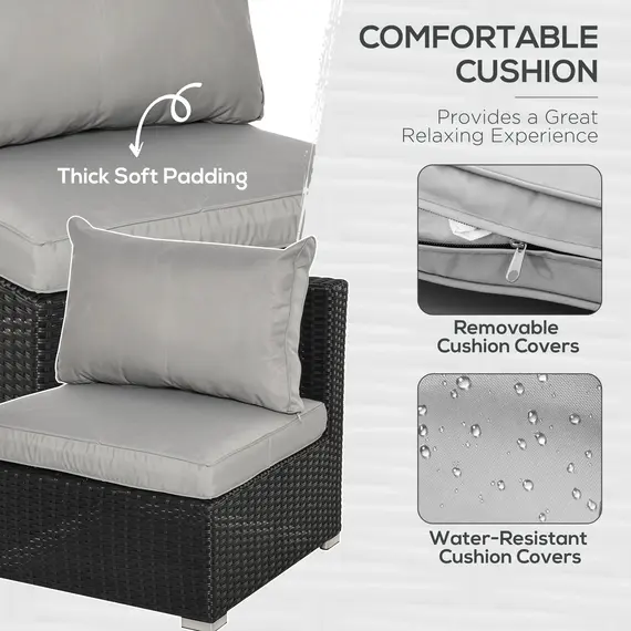 Buy 8 Pieces PE Rattan Sofa Set with Cushions, Garden Corner Sofa with 4 Seater Sofa, 2 Footstools and 2 Coffee Table Set, Space-saving Design, No Assembly Required, Black, 7 image