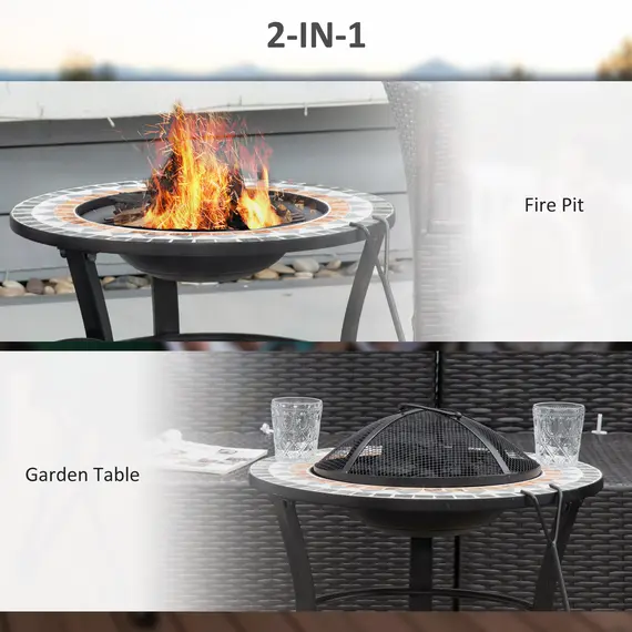 Buy 60cm Outdoor Fire Pit Table with Mosaic Outer, Round Firepit with Spark Screen Cover, Fire Poker for Garden Bonfire Party, 4 image