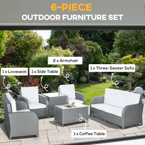 Buy 7 Seater Outdoor Rattan Garden Furniture Sets with Wicker Sofa, Reclining Armchair and Glass Table, 181x75x81cm, Grey, 4 image
