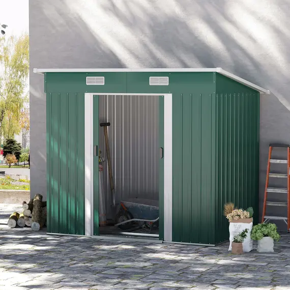 Buy 7 x 4ft Outdoor Storage Shed with Foundation Kit, Lean to Metal Garden Shed for Log, Rubbish Bin, Tool, Lawnmower, Bike, Patio and Lawn Use, Green, 2 image