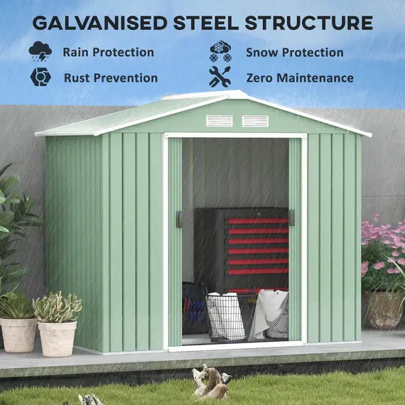 Buy 7 x 4ft Metal Garden Shed, Outdoor Storage Tool House with Ventilation Slots, Foundation Kit and Lockable Double Doors, Light Green, 4 image
