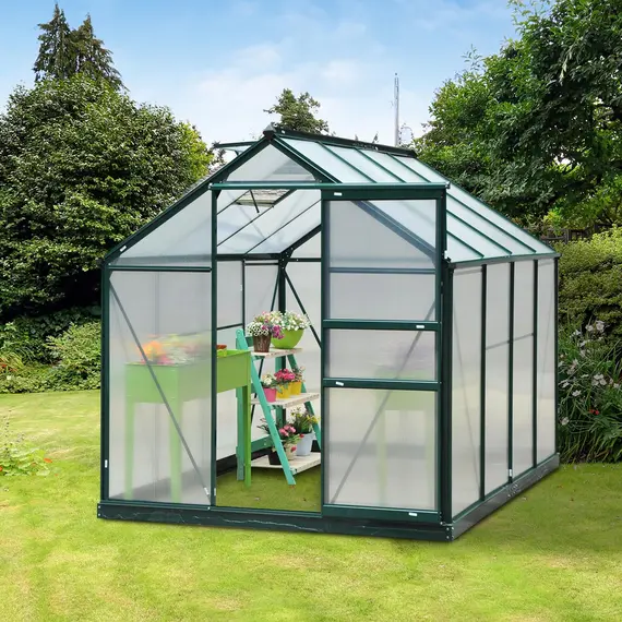 Buy 6 x 8ft Polycarbonate Greenhouse, Large Walk-In Green House with Slide Door and Window, Garden Plants Grow House with Aluminium Frame and Foundation, Dark Green, 2 image