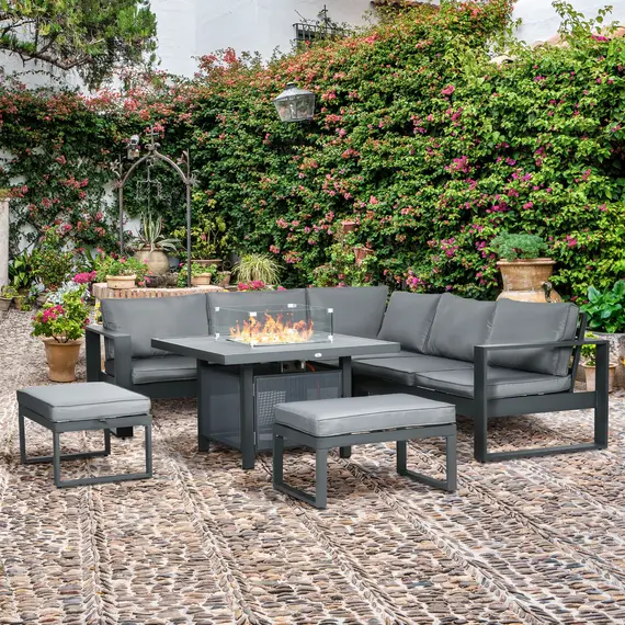 Buy 6-Piece Aluminium Garden Furniture Set with Fire Pit Table, Outdoor Dining Sofa Set with Cushions, Loveseats and Footstools, Sectional Corner Conservatory Furniture for Patio, Grey, 2 image