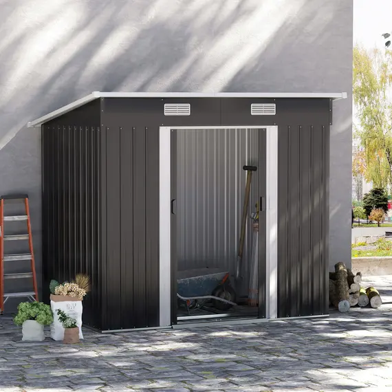 Buy 7 x 4ft Outdoor Storage Shed with Foundation Kit, Lean to Metal Garden Shed for Log, Rubbish Bin, Tool, Lawnmower, Bike, Patio and Lawn Use, Black, 2 image