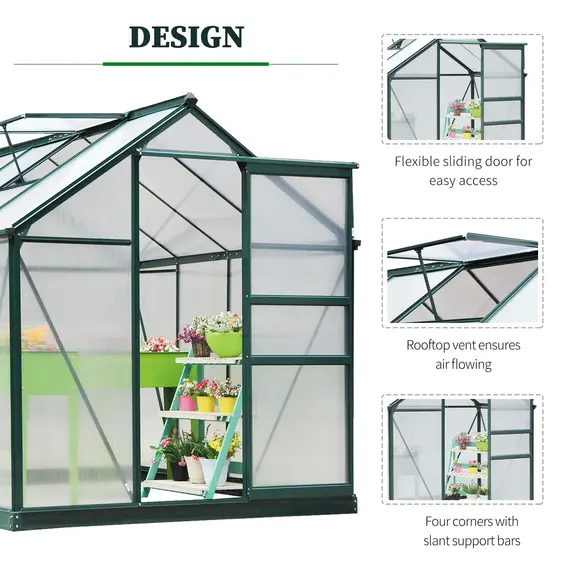 Buy 6 x 8ft Polycarbonate Greenhouse, Large Walk-In Green House with Slide Door and Window, Garden Plants Grow House with Aluminium Frame and Foundation, Dark Green, 5 image