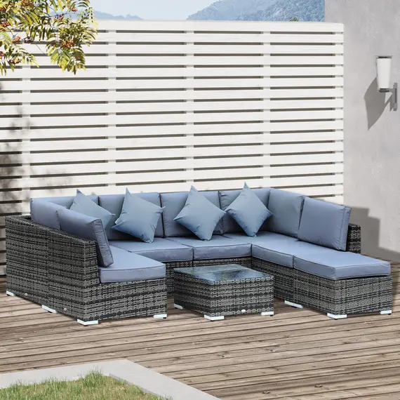 Buy 8 Pieces PE Rattan Corner Sofa Set with Thick Cushions, Aluminium Outdoor Rattan Garden Furniture Set with Glass Top Table, No Assembly Required, Grey, 2 image