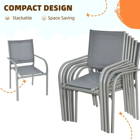 Buy 7 Piece Garden Dining Set, Outdoor Table and 6 Stackable Chairs, Steel Frame, Tempered Glass Top Table, Mesh Seats, Grey, 5 image