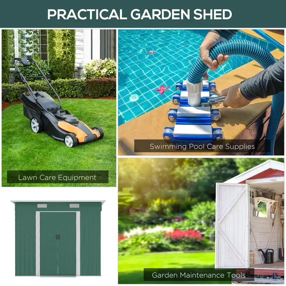 Buy 7 x 4ft Outdoor Storage Shed with Foundation Kit, Lean to Metal Garden Shed for Log, Rubbish Bin, Tool, Lawnmower, Bike, Patio and Lawn Use, Green, 7 image