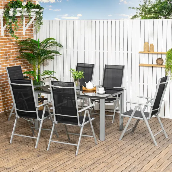 Buy 7 Piece Garden Dining Set, Outdoor Table and 6  Folding and Reclining Chairs, Aluminium Frame, Tempered Glass Top Table, Texteline Seats, Black, 2 image