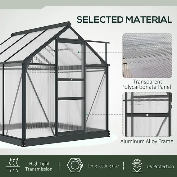 Buy 6 x 6ft Polycarbonate Greenhouse, Large Walk-In Green House with Slide Door and Window, Garden Plants Grow House with Aluminium Frame and Foundation, Grey, 5 image