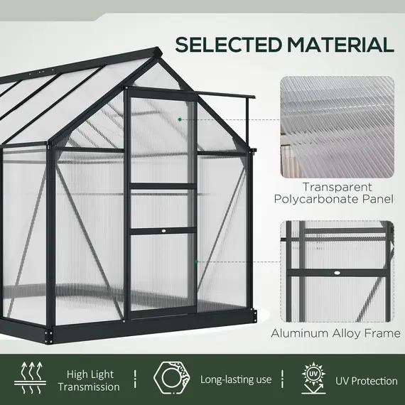 Buy 6 x 8ft Polycarbonate Greenhouse, Large Walk-In Green House with Slide Door and Window, Garden Plants Grow House with Aluminium Frame and Foundation, Grey, 5 image