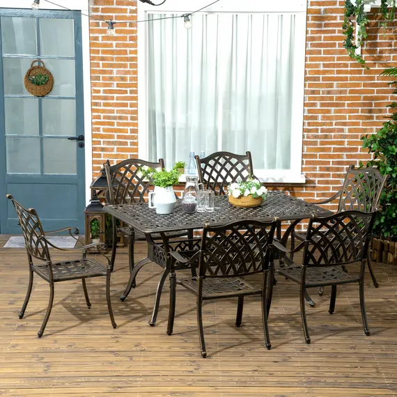 Buy 7 PCs Garden Patio Dining Set with Parasol Hole, Cast Aluminium Outdoor Furniture Set with Six Cushioned Chairs and Rectangle Dining Table, for Garden, Lawn, Deck, Bronze Tone, 2 image