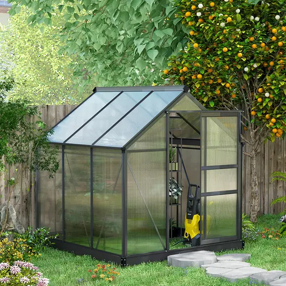 Buy 6 x 6ft Polycarbonate Greenhouse, Large Walk-In Green House with Slide Door and Window, Garden Plants Grow House with Aluminium Frame and Foundation, Grey, 2 image