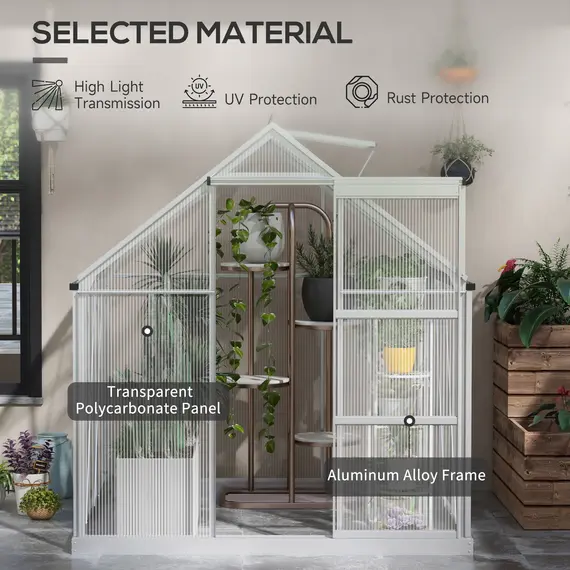 Buy 6 x 6ft Walk-In Greenhouse, Polycarbonate Greenhouse with Sliding Door, Window, Aluminium Frame, Foundation, Silver, 5 image