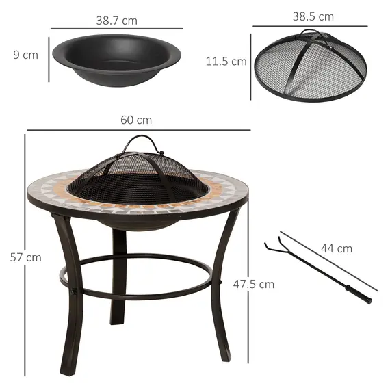 Buy 60cm Outdoor Fire Pit Table with Mosaic Outer, Round Firepit with Spark Screen Cover, Fire Poker for Garden Bonfire Party, 3 image