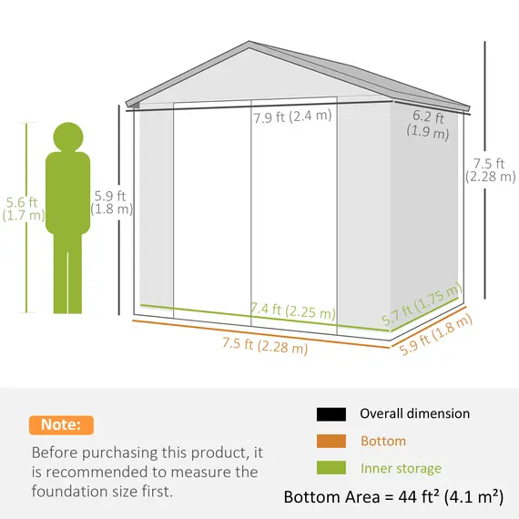 Buy 7.9ft x 6.2ft Aluminium Frame and Plastic Wall Shed, with Foundation - Grey, 3 image