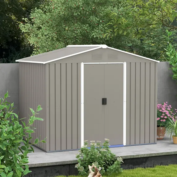 Buy 7.7 x 5.7ft Outdoor Garden Storage Shed, Metal Tool House with Ventilation and Sliding Doors, Light Grey, 7 image