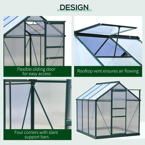 Buy 6 x 6ft Polycarbonate Greenhouse, Large Walk-In Green House with Slide Door and Window, Garden Plants Grow House with Aluminium Frame and Foundation, Dark Green, 4 image