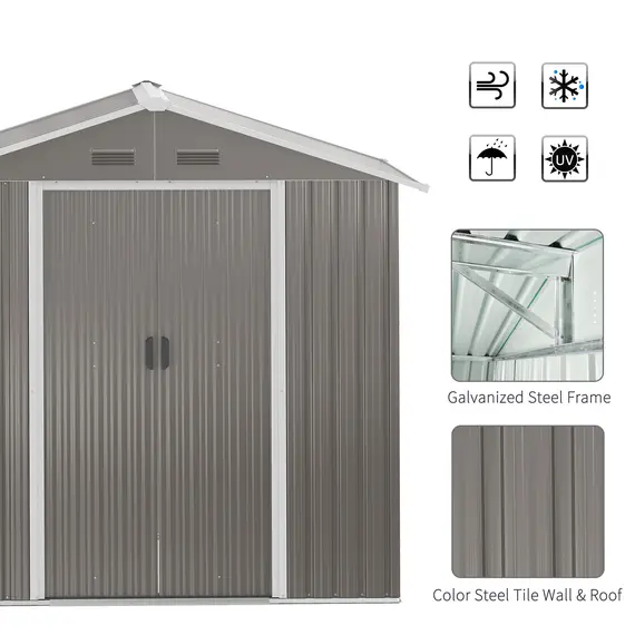 Buy 6.5ft x 3.5ft Metal Garden Storage Shed for Outdoor Tool Storage with Double Sliding Doors and 4 Vents, Grey, 7 image