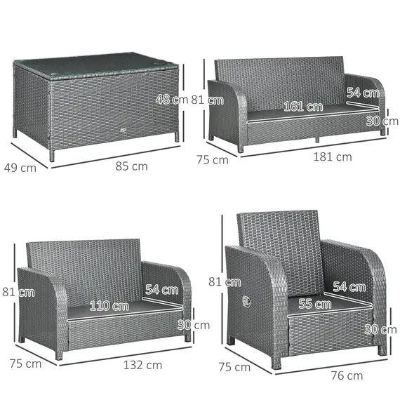 Buy 7 Seater Outdoor Rattan Garden Furniture Sets with Wicker Sofa, Reclining Armchair and Glass Table, 181x75x81cm, Grey, 3 image