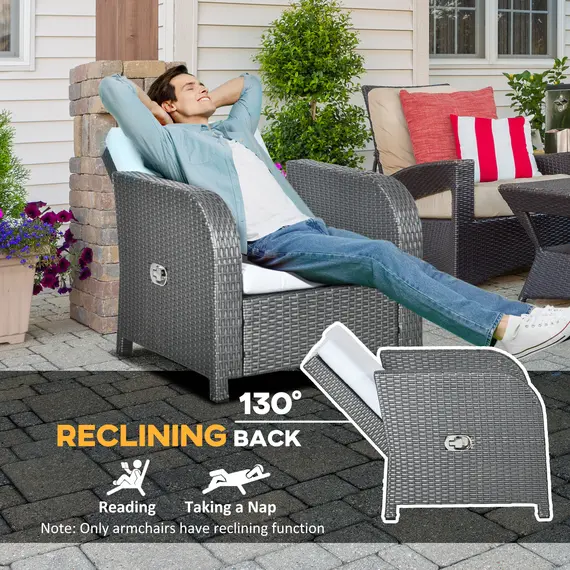 Buy 7 Seater Outdoor Rattan Garden Furniture Sets with Wicker Sofa, Reclining Armchair and Glass Table, 181x75x81cm, Grey, 5 image