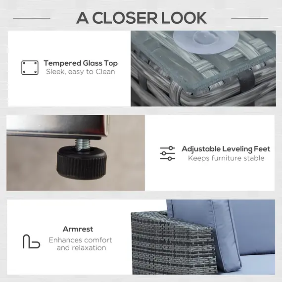 Buy 8 Pieces PE Rattan Corner Sofa Set with Thick Cushions, Aluminium Outdoor Rattan Garden Furniture Set with Glass Top Table, No Assembly Required, Grey, 7 image