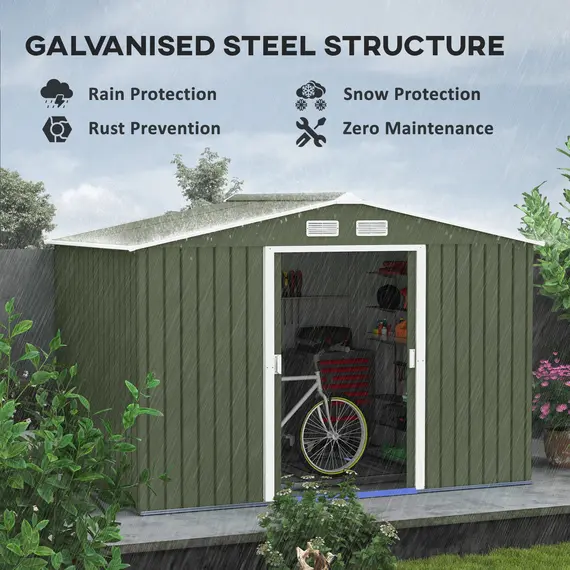 Buy 9 x 6ft Metal Garden Shed, Outdoor Storage Tool House with Ventilation Slots, Foundation Kit and Lockable Double Doors, Light Green, 4 image