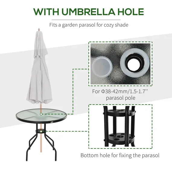Buy Bistro Table Outdoor Round Dining Coffee Table with Parasol Hole, Tempered Glass Top Side Table Patio Garden - 80cm Diameter, 4 image
