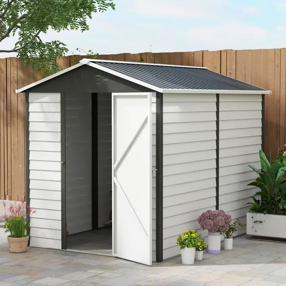 Buy 9x 6FT Metal Outdoor Garden Shed, Galvanised Tool Storage Shed w/ Sloped Roof, Lockable Door for Patio Lawn, Dark Grey, 7 image