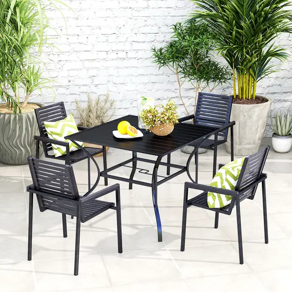 Buy 94 x 94 cm Garden Table with Parasol Hole, Outdoor Dining Garden Table for Four with Slatted Metal Plate Top, Black, 8 image