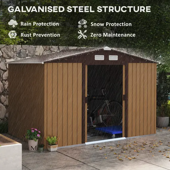 Buy 9 x 6ft Metal Garden Shed, Outdoor Storage Tool House with Ventilation Slots, Foundation Kit and Lockable Double Doors, Light Brown, 5 image