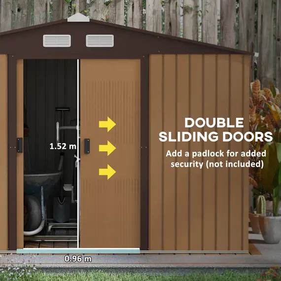 Buy 9 x 6ft Metal Garden Shed, Outdoor Storage Tool House with Ventilation Slots, Foundation Kit and Lockable Double Doors, Light Brown, 6 image