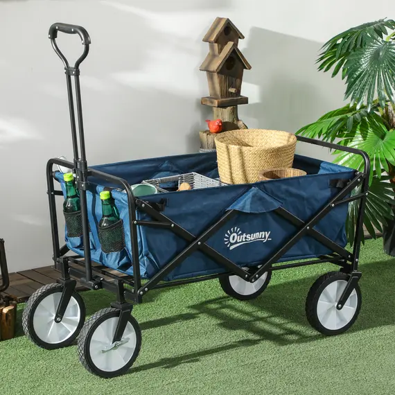 Buy 90L Festival Trolley on Wheels, Folding Camping Trolley Cart with Adjustable Handle, Portable for Outdoor, Garden, Shopping, Fishing, Navy Blue, 2 image