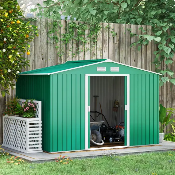 Buy 9 x 6ft Metal Garden Shed, Outdoor Storage Tool House with Ventilation Slots, Foundation Kit and Lockable Double Doors, Green, 2 image