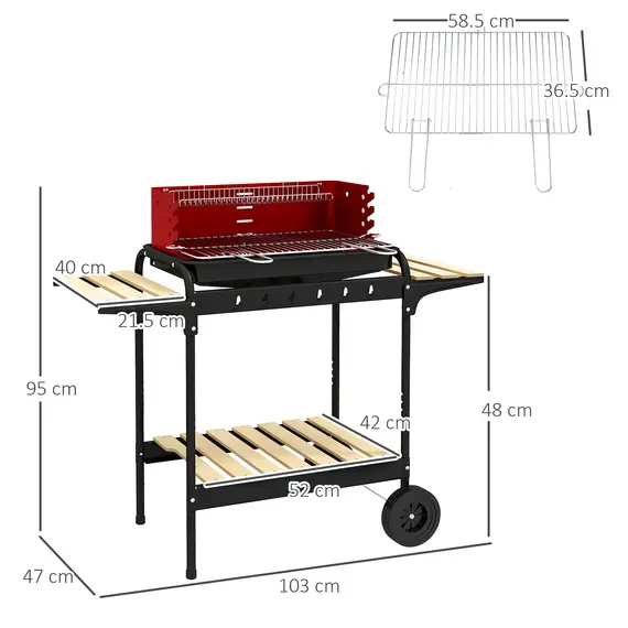 Buy Charcoal BBQ, with Five Position Grill Grate - Red, 3 image