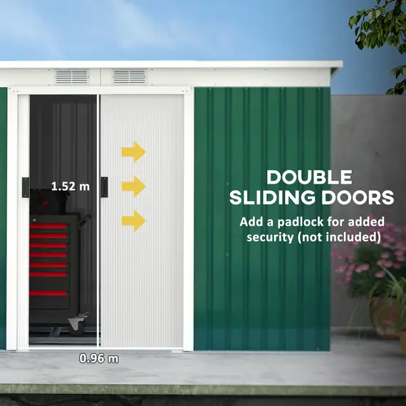 Buy 9ft x 4ft Metal Garden Shed, Outdoor Tool House with Foundation Kit, Ventilations and Double Doors, Deep Green, 5 image