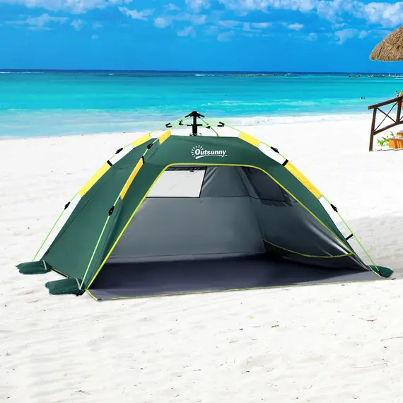Buy Beach Tent for 1-2 Person Pop-up Design with 2 Mesh Windows & 2 Doors Dark Green, 2 image