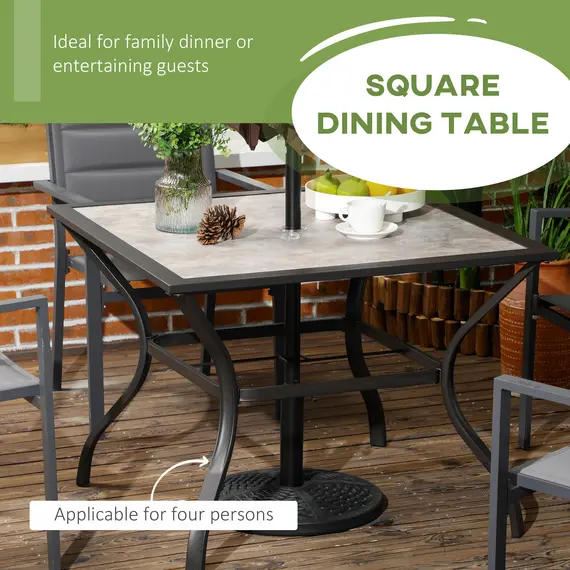Buy 94 x 94 cm Garden Table with Parasol Hole, Outdoor Dining Table for 4, Square Patio Table with Stone-Grain Effect PC Board Top for Patio, Garden, Grey, 4 image