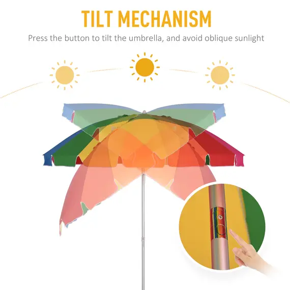 Buy Arc. 2.4m Beach Umbrella with Sand Anchor, Outdoor Sun Shade Parasol with UV Protection, Adjustable Tilt, Carry Bag, Multicolour, 4 image