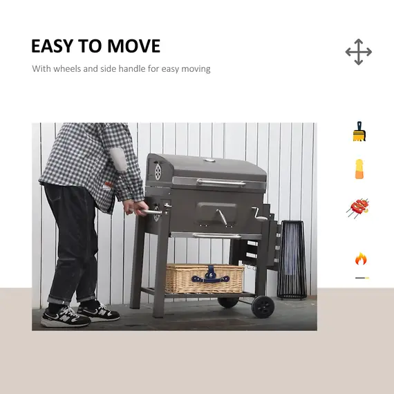 Buy Charcoal Grill BBQ Trolley with Adjustable Charcoal Grate, Garden Metal Smoker Barbecue with Shelf, Side Table, Wheels, Built-in Thermometer, Bottle Opener, 7 image