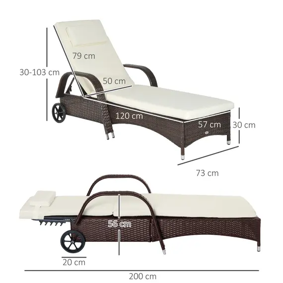 Buy Brown Rattan Sun Lounger w/ Adjustable Steel Frame,200Lx73Wx56-103H cm, 3 image