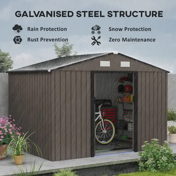 Buy 9 x 6ft Metal Garden Shed, Outdoor Storage Tool House with Ventilation Slots, Foundation Kit and Lockable Double Doors, Brown, 4 image