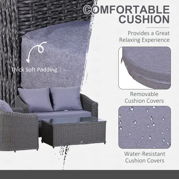 Buy Deluxe Round PE Rattan Garden Furniture Set, Fully-assembly Outdoor Sofa Set with Armchair, Loveseat, Glass Top Coffee Table, Aluminium Frame, Cushion, Grey, 5 image