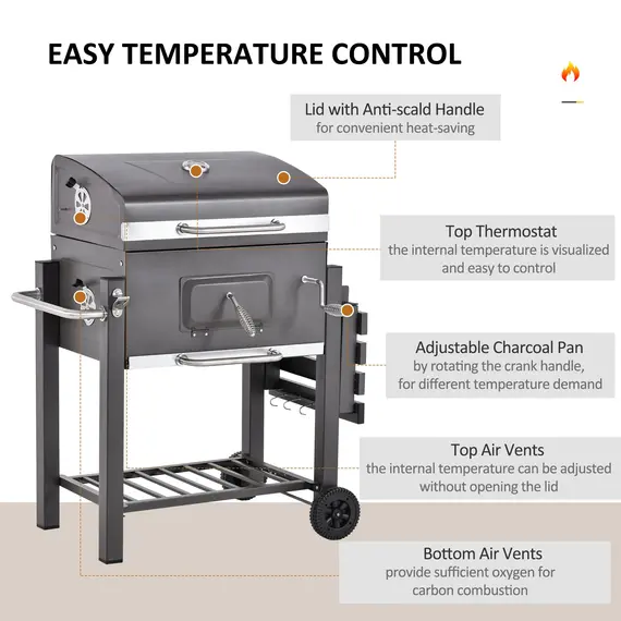 Buy Charcoal Grill BBQ Trolley with Adjustable Charcoal Grate, Garden Metal Smoker Barbecue with Shelf, Side Table, Wheels, Built-in Thermometer, Bottle Opener, 6 image