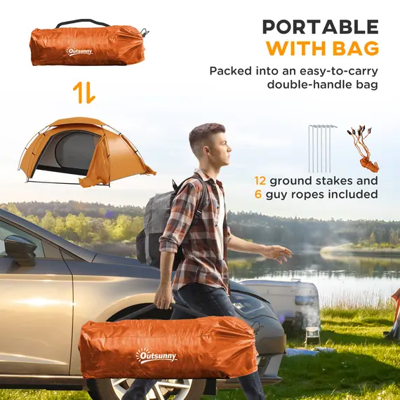 Buy Aluminium Frame Camping Tent Dome Tent with Removable Rainfly, 2000mm Waterproof, for 1-2 Man, Orange, 7 image
