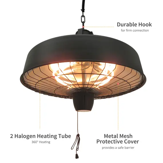 Buy Adjustable Power 1000/2500W Infrared Halogen Electric Patio Light Heater, Ceiling Hanging Mount -Black, 5 image