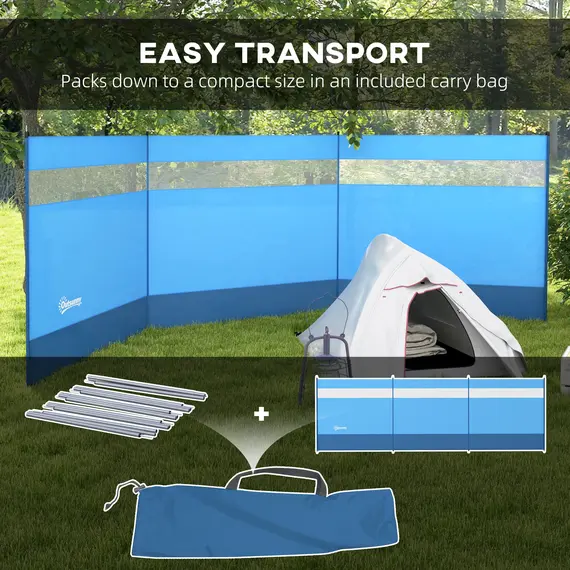 Buy Camping Windbreaker with Clear Windows, Carry Bag and Steel Poles, for Beach Caravan Campervan, 440 x 140cm, Blue, 7 image