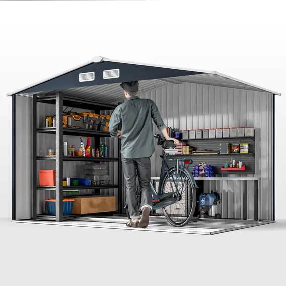 Buy 9 x 6ft Metal Bicycle Shed, Outdoor Storage Tool House with Ventilation Slots, Foundation Kit and Lockable Double Doors, Dark Grey, 9 image