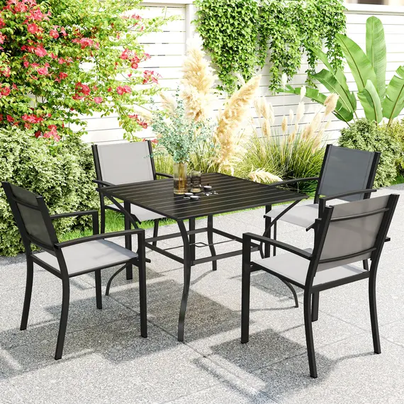 Buy 94 x 94 cm Garden Table with Parasol Hole, Outdoor Dining Garden Table for Four with Slatted Metal Plate Top, Black, 2 image