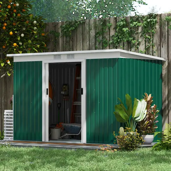Buy 9ft x 4ft Metal Garden Shed, Outdoor Tool House with Foundation Kit, Ventilations and Double Doors, Deep Green, 2 image